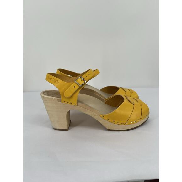 Swedish Hasbeens Yellow Wooden Clog Sandal Peep Toe Size 41 US 11 - Picture 3 of 14
